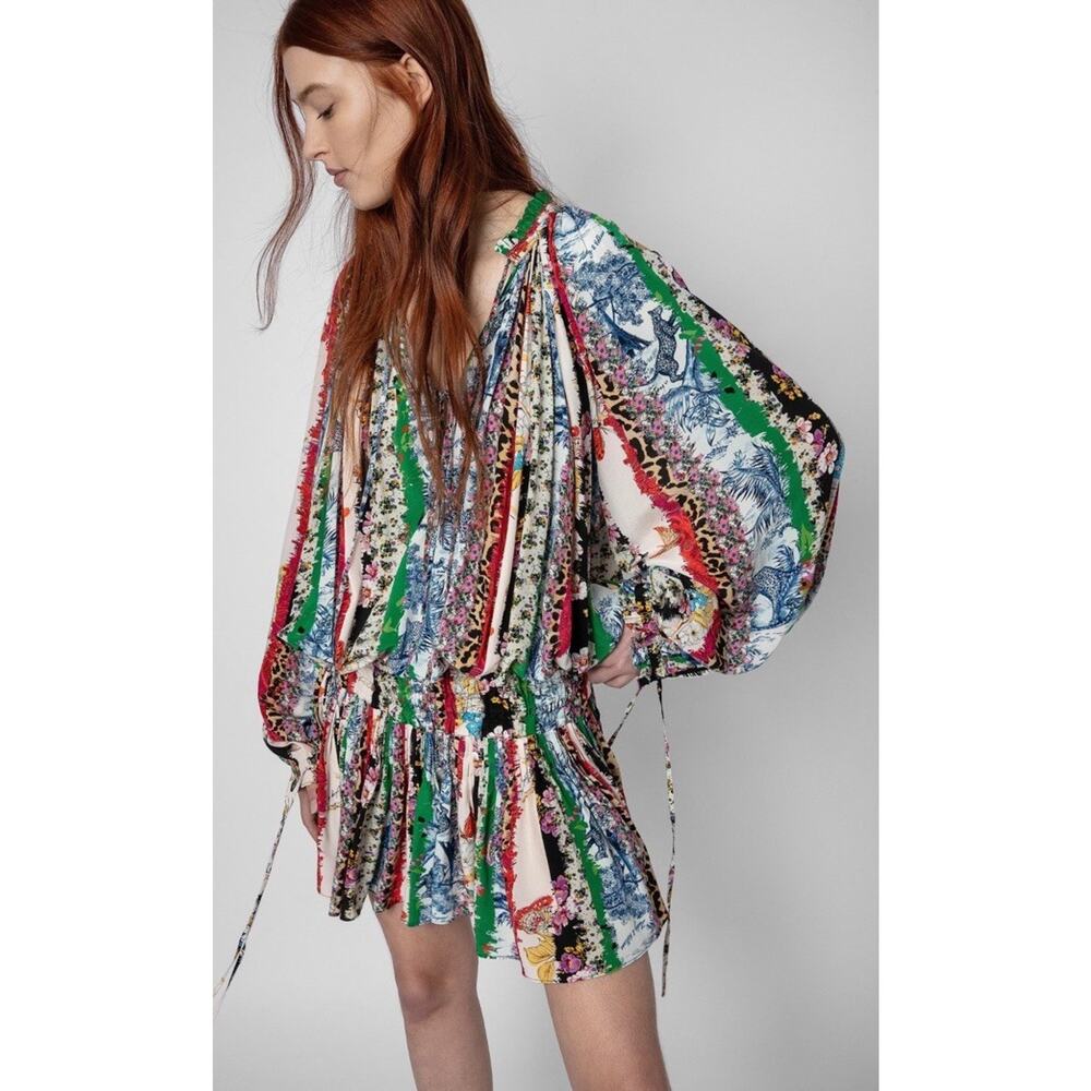 Zadig & Voltaire Rocade Mixed Print Silk Mini Dress Boho XS Rare Multicolor - Picture 1 of 12